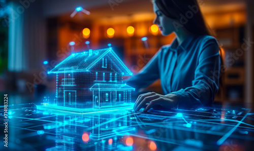 Futuristic real estate concept with a holographic projection of a house and a businesswoman, symbolizing advanced property technology and innovation in the housing market photo