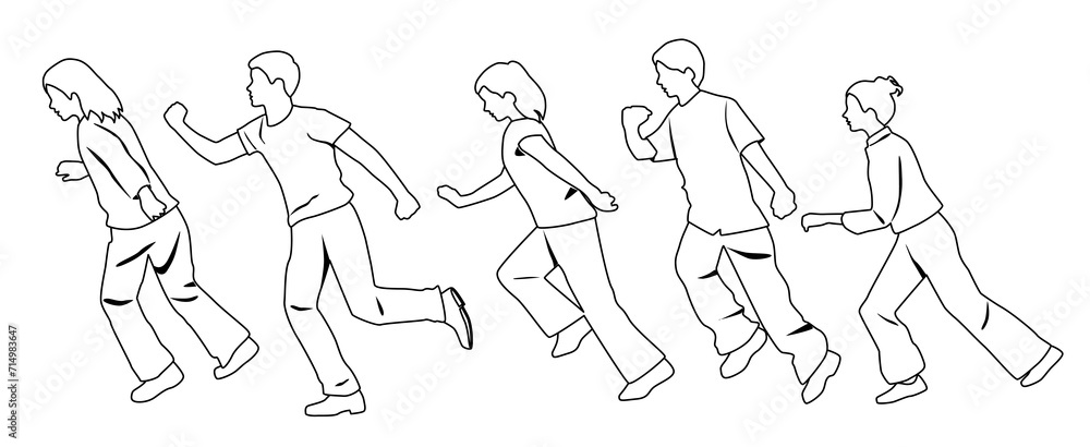 Vector silhouettes of men and women, group of running business people, teenagers, profile, linear sketch, black color isolated on white background Vector silhouettes of men and women, group of running business people, teenagers, profile, linear sketch, black color isolated on white background