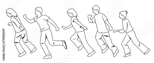 Vector silhouettes of men and women, group of running business people, teenagers, profile, linear sketch, black color isolated on white background