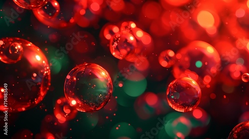 Abstract red particles of liquid Glowing orbs background. Shiny transparent gradient backdrop. Strong depth of field.