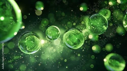 Abstract green particles of liquid Glowing orbs background. Shiny transparent gradient backdrop. Strong depth of field.