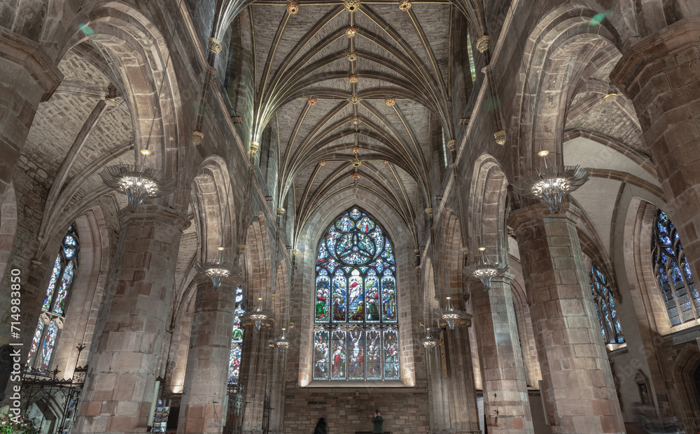 Interior view of The thistle chapel in St Giles' Cathedral or the High Kirk. The most important place of worship in the Edinburgh, Space for text, Selective focus.