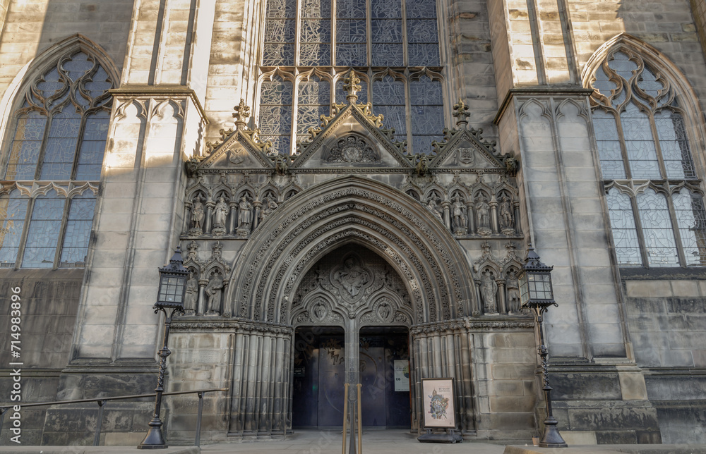 The main entrance of St Giles' Cathedral or the High Kirk of Edinburgh. Space for text, Selective focus.