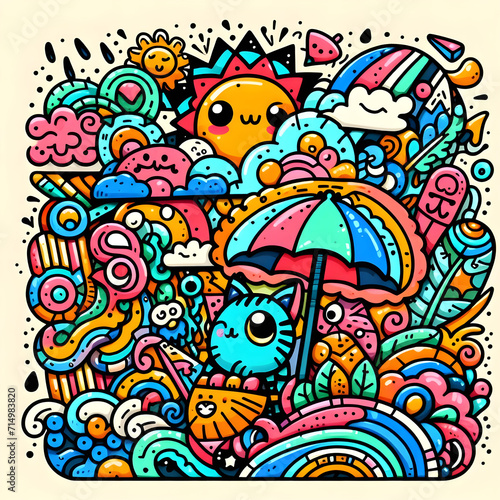 Colorful cartoon doodle art pattern with various objects