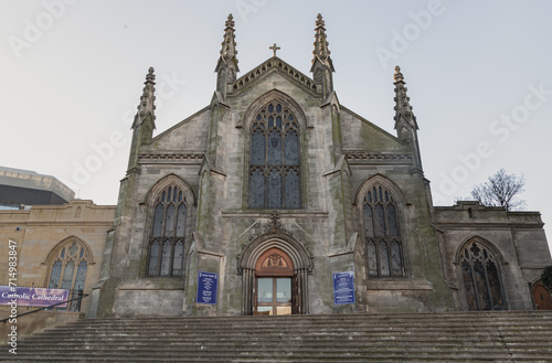 Facade of St Marys Catholic Cathedral in Edinburgh. Space for text, Selective focus.