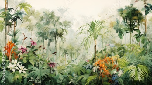Tropical rainforest illustration with lush foliage and vibrant flowers. Perfect for nature-themed design projects.