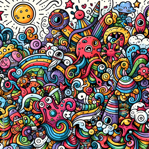 Colorful cartoon doodle art pattern with various objects