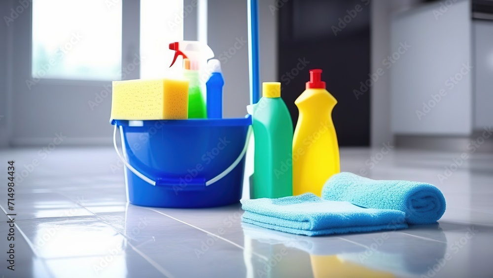 Brushes, bottles with cleaning liquids, sponges, a rag and rubber gloves on the floor in the apartment. Cleaning products in a bucket on the floor. Advertising of cleaning company services Brushes, bottles with cleaning liquids, sponges, a rag and rubber gloves on the floor in the apartment. Cleaning products in a bucket on the floor. Advertising of cleaning company services