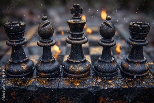 stylish black chess stands on a chessboard. Design work