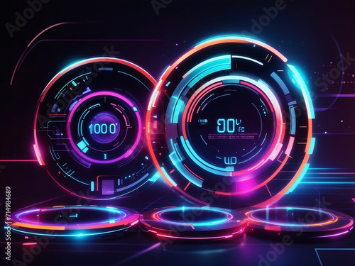 Abstract technology hud interface hologram elements neon lights, circle per cent vitality innovation on hi tech future 3D rendering design.