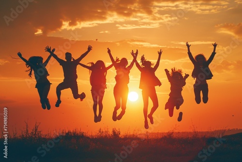 A group of people jumping in the air during a sunset Generative AI