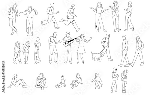Silhouettes of men, women, teenagers and children standing, walking, sitting, linear sketch, black color, vector, group recreation people, students, flat icon design concept isolated on white 