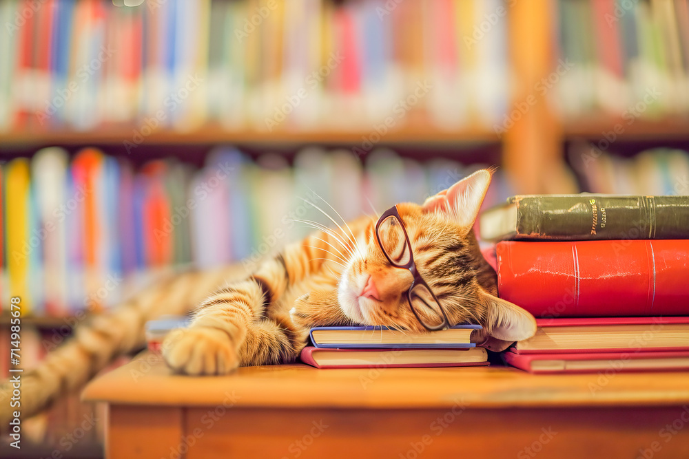 Cat (Felis catus), fell asleep reading a book, inside a library, National Library Day, April, concept Animals, generative ai