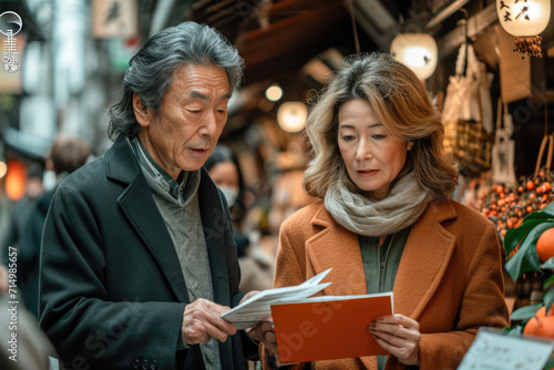 senior couple reading a book in a shopping street in Tokyo, Japan