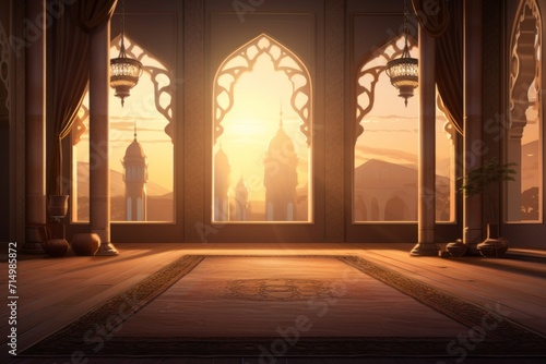 Serene mosque interior during Ramadan, capturing the spirit of prayer and devotion. Ramadan Kareem theme