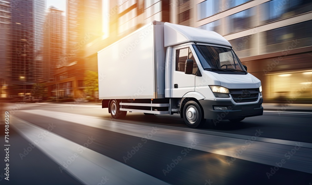 delivery truck driving in urban city. shipping, express shipment business background banner