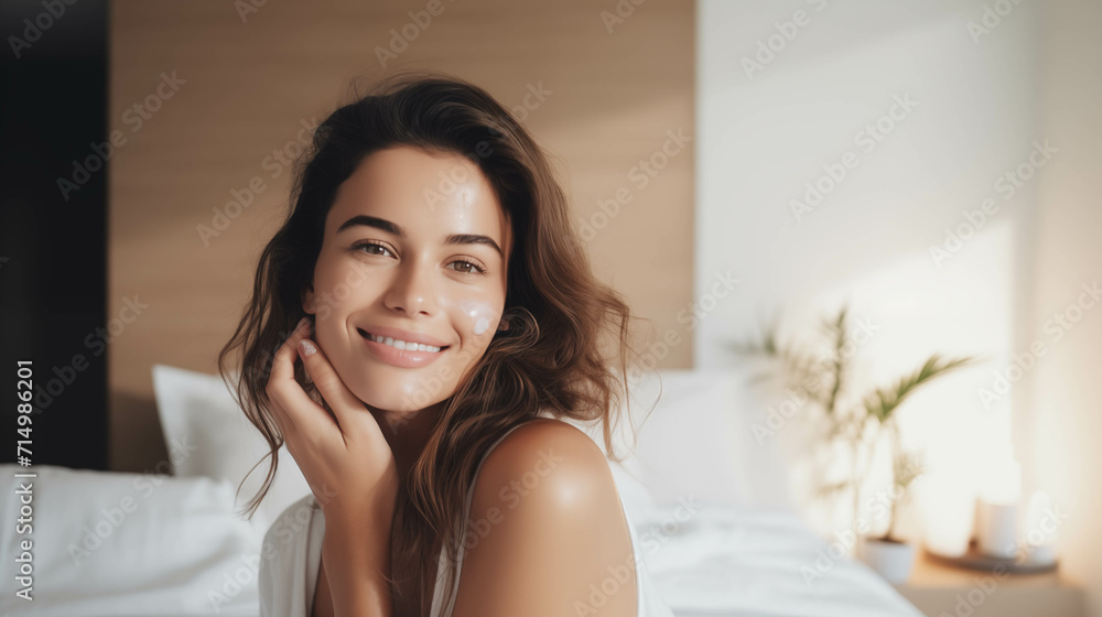 Caucasian woman taking care of her skin in the bedroom. Caucasian woman taking care of her skin in the bedroom.