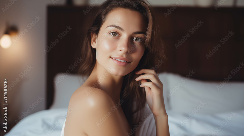 Caucasian woman taking care of her skin in the bedroom. Caucasian woman taking care of her skin in the bedroom.
