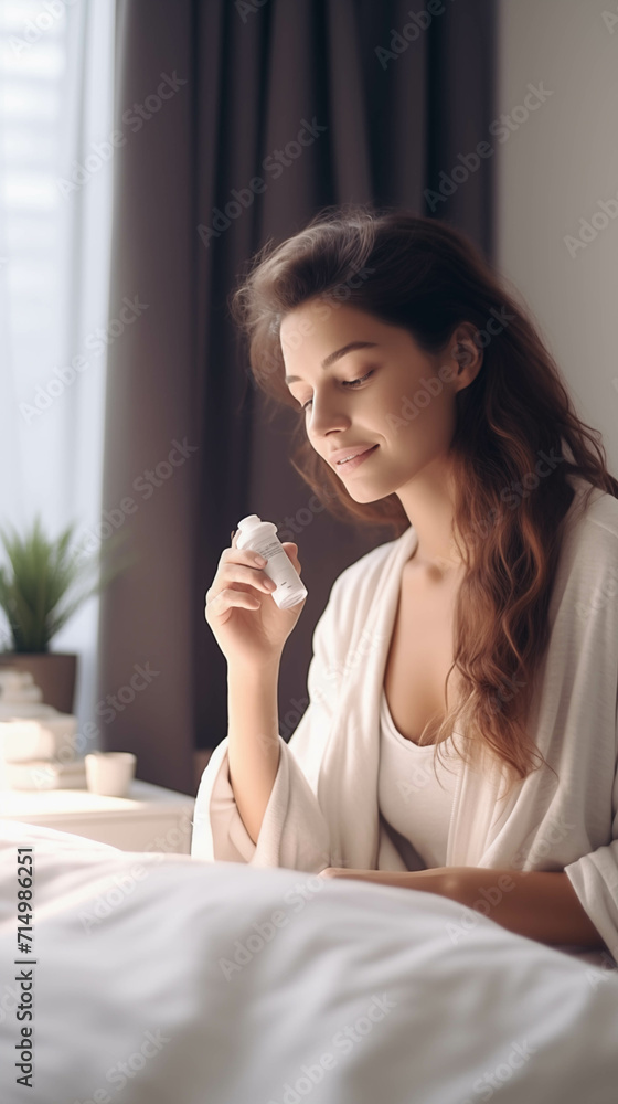 Caucasian woman taking care of her skin in the bedroom. Caucasian woman taking care of her skin in the bedroom.