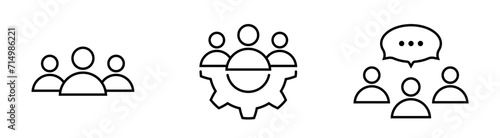 Teamwork line icon set. Leadership collection. Group of people symbol with bubble and cog isolated on white background. People talking icon in black. Vector illustration for graphic design, Web.