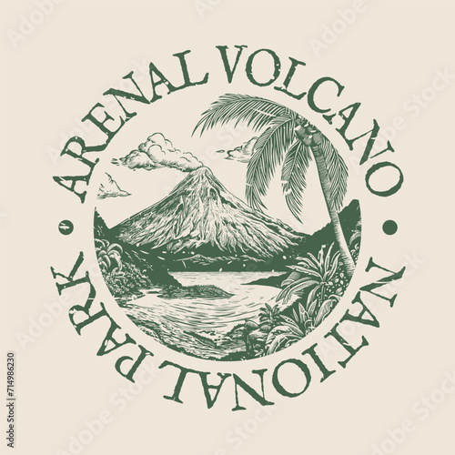 Arenal Volcano, Alajuela, El Castillo, La Fortuna, Costa Rica Illustration Clip Art Design Shape. National Park Vintage Icon Vector Stamp.