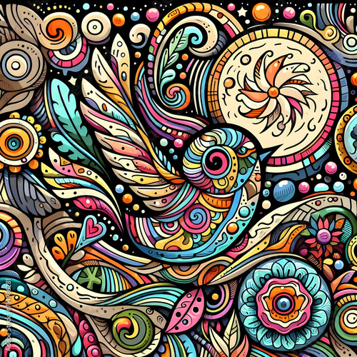 Colorful Bird doodle art pattern with various objects