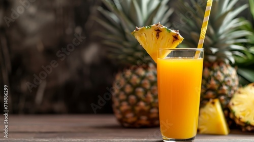 Glass of pineapple juice with a slice of pineapple and whole fruit on a wooden table.