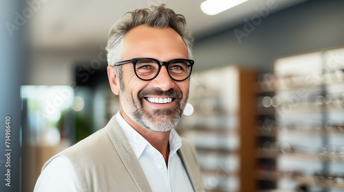 Caucasian man tries on glasses in an eyeglasses store. photo