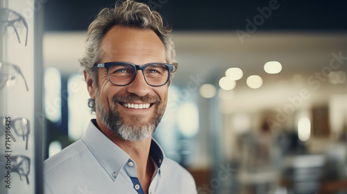 Caucasian man tries on glasses in an eyeglasses store. photo