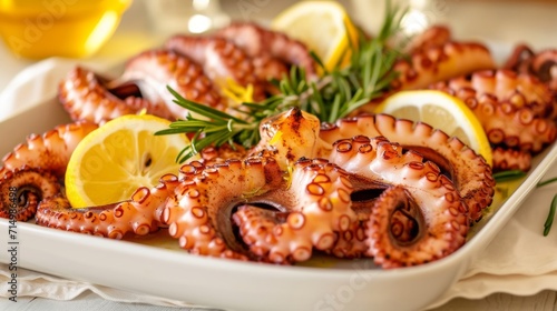 Grilled octopus with lemon and rosemary on a white plate.