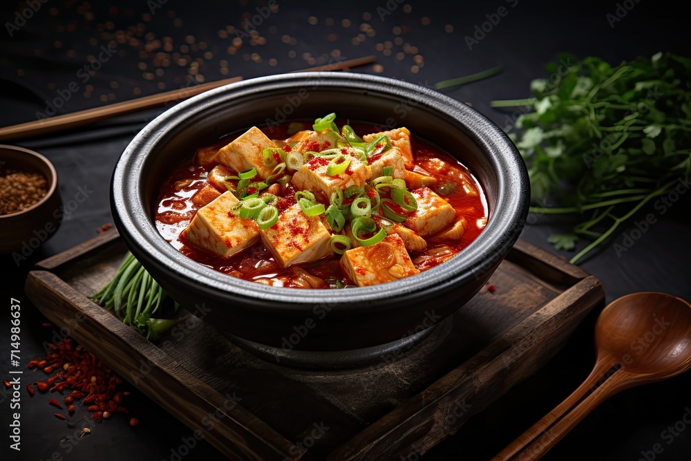 Spicy tofu soup in bowl on dark background Spicy tofu soup in bowl on dark background