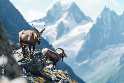 Mountain ibex and chamois on the rocks. Switzerland © PixelGallery
