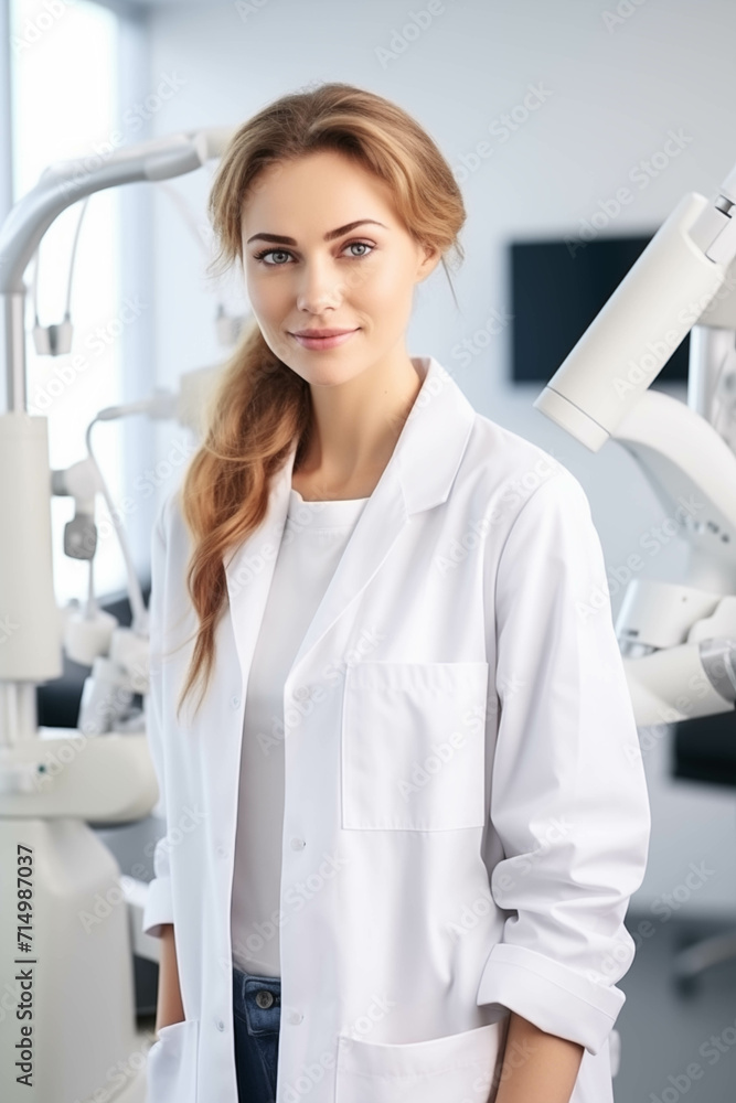 Caucasian woman in gown is having confidence in office science work. Caucasian woman in gown is having confidence in office science work.