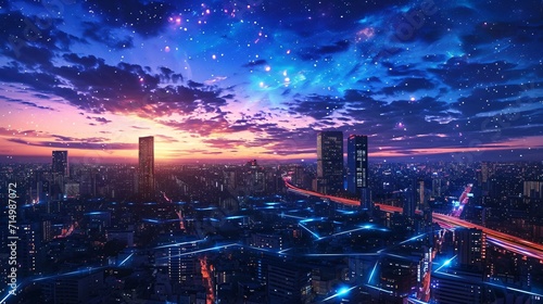 Cityscape at Sunset with Lights and Skyscrapers Generative AI