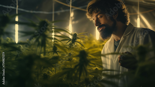 Caucasian man in a robe researching cannabis.