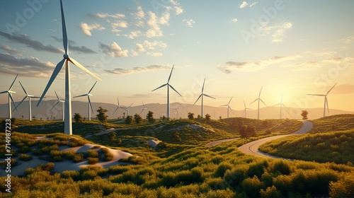 Wind turbines are alternative electricity sources, the concept of sustainable resources, People in the community with wind generators turbines, Renewable energy photo