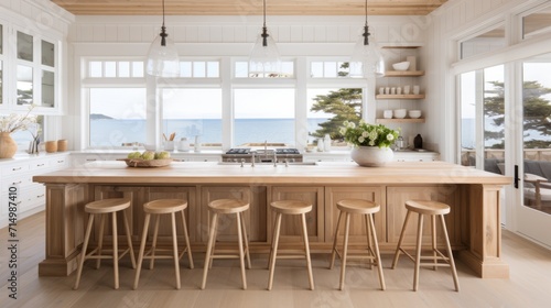 coastal interior design concept dining natural material cosy comfort Woven pendant lights bring a modern coastal feeling to this light and airy kitchen The stylish counter stools are a favorite theme