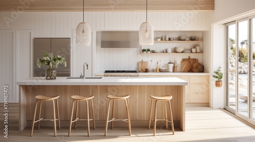 coastal interior design concept dining natural material cosy comfort Woven pendant lights bring a modern coastal feeling to this light and airy kitchen The stylish counter stools are a favorite theme