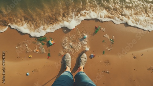 Environment, Ecology Care, Renewable, ESG, Environmental, social and corporate governance Concept. Person standing and looking at Plastic Bottle Waste on the Beach Sand. Top View. photo