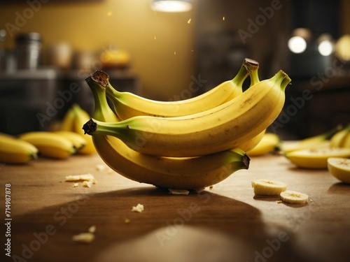 bananas in a bowl Bunch of fresh bananas falling on wooden table. Selective focus