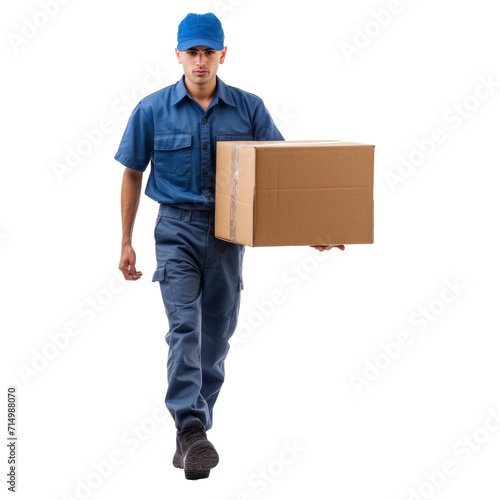 cargo or transport worker. Man carrying a house on isolated transparent background