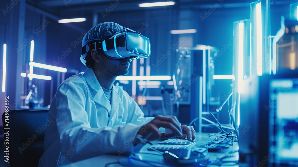 Man wearing a white lab coat and using a VR headset Generative AI Stock ...