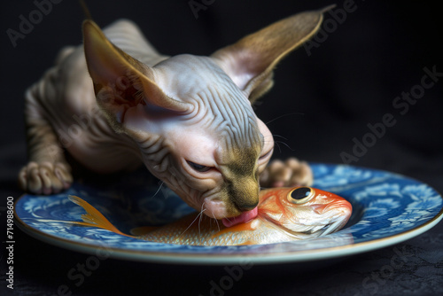 Sphynx cat looking and licking a freshly caught fish on a blue porcelain plate - Generative AI photo