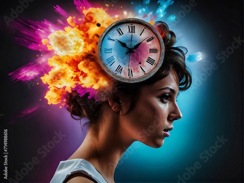 person with clock in the head,describing of time is priceless photo