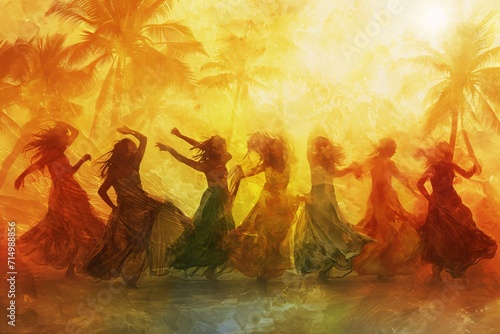 Dancing in Paradise: A Group of Women in Colorful Outfits Generative AI