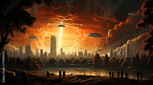 Pulp illustration of an alien invasion in a retro city, classic pulp-style UFOs hovering above 