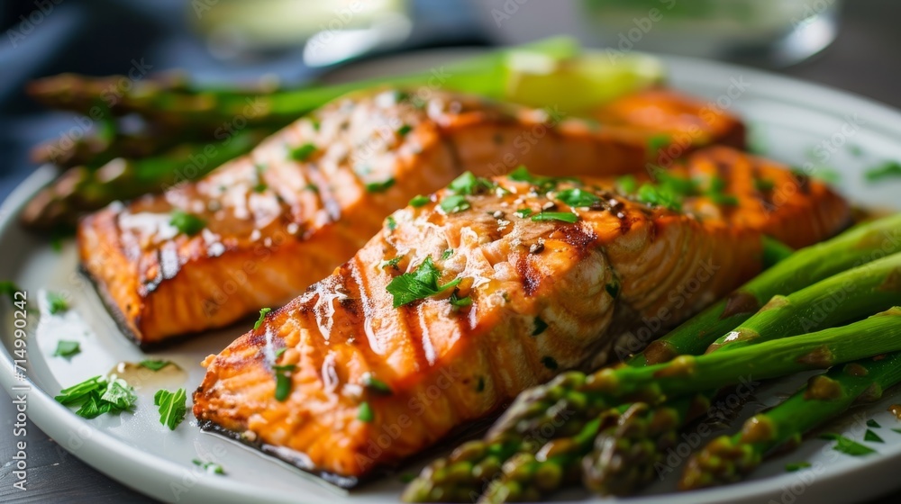 Grilled salmon on a plate with asparagus garnished with parsley on a light background. Healthy food and nutrition Grilled salmon on a plate with asparagus garnished with parsley on a light background. Healthy food and nutrition