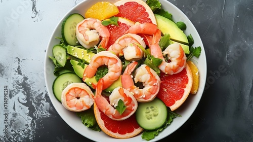 Shrimp and grapefruit salad with avocado and cucumber on a ceramic plate.