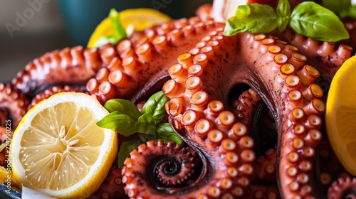 Grilled octopus with lemon slices and basil on a dark slate surface.