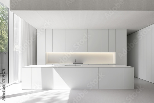 Futuristic, minimalist looking kitchens with in white with LED lights - Generative AI